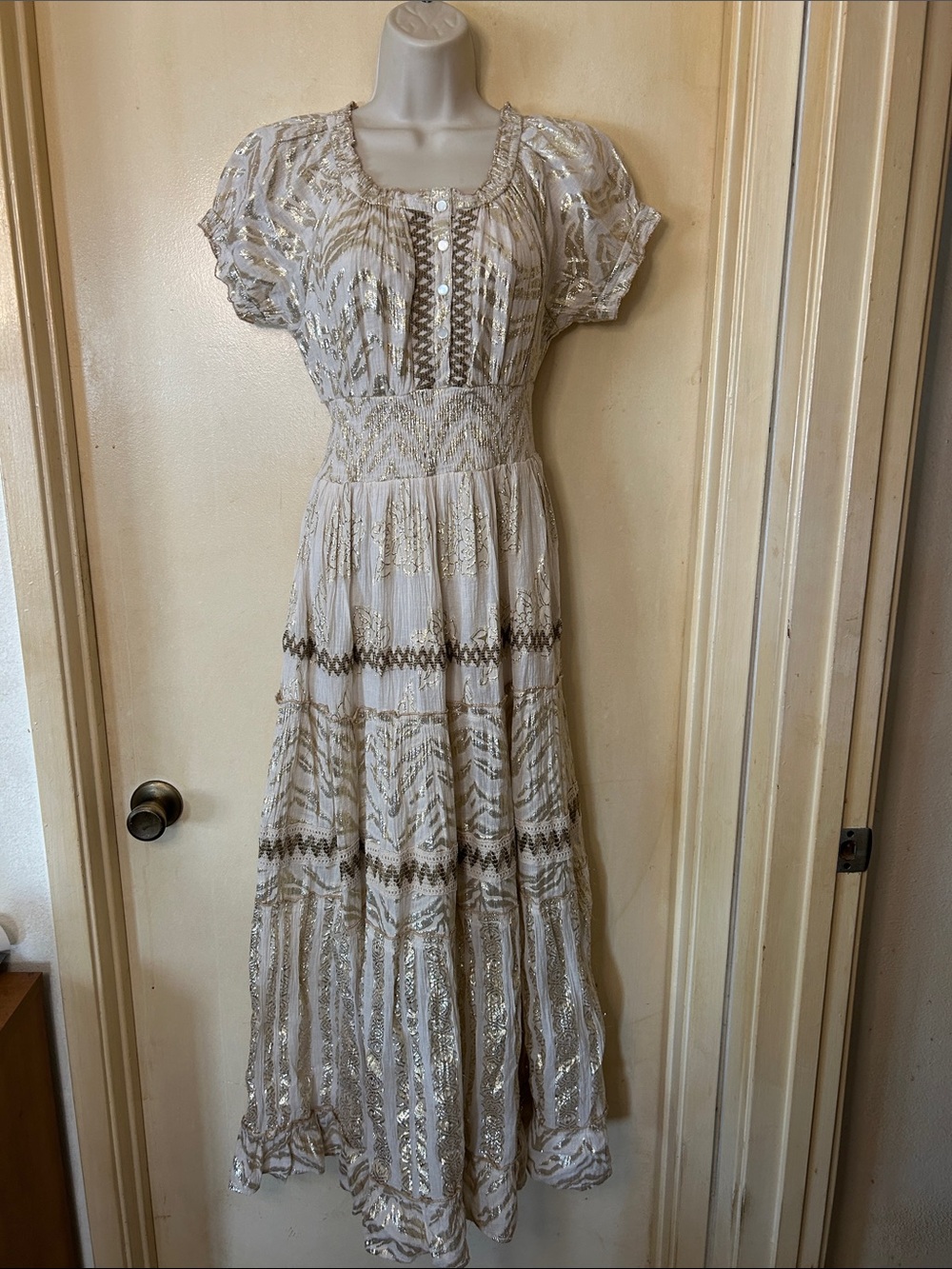 Me 2 Magic Ivory and Gold Embroidered Peasant Dress with Smocked Waist size M